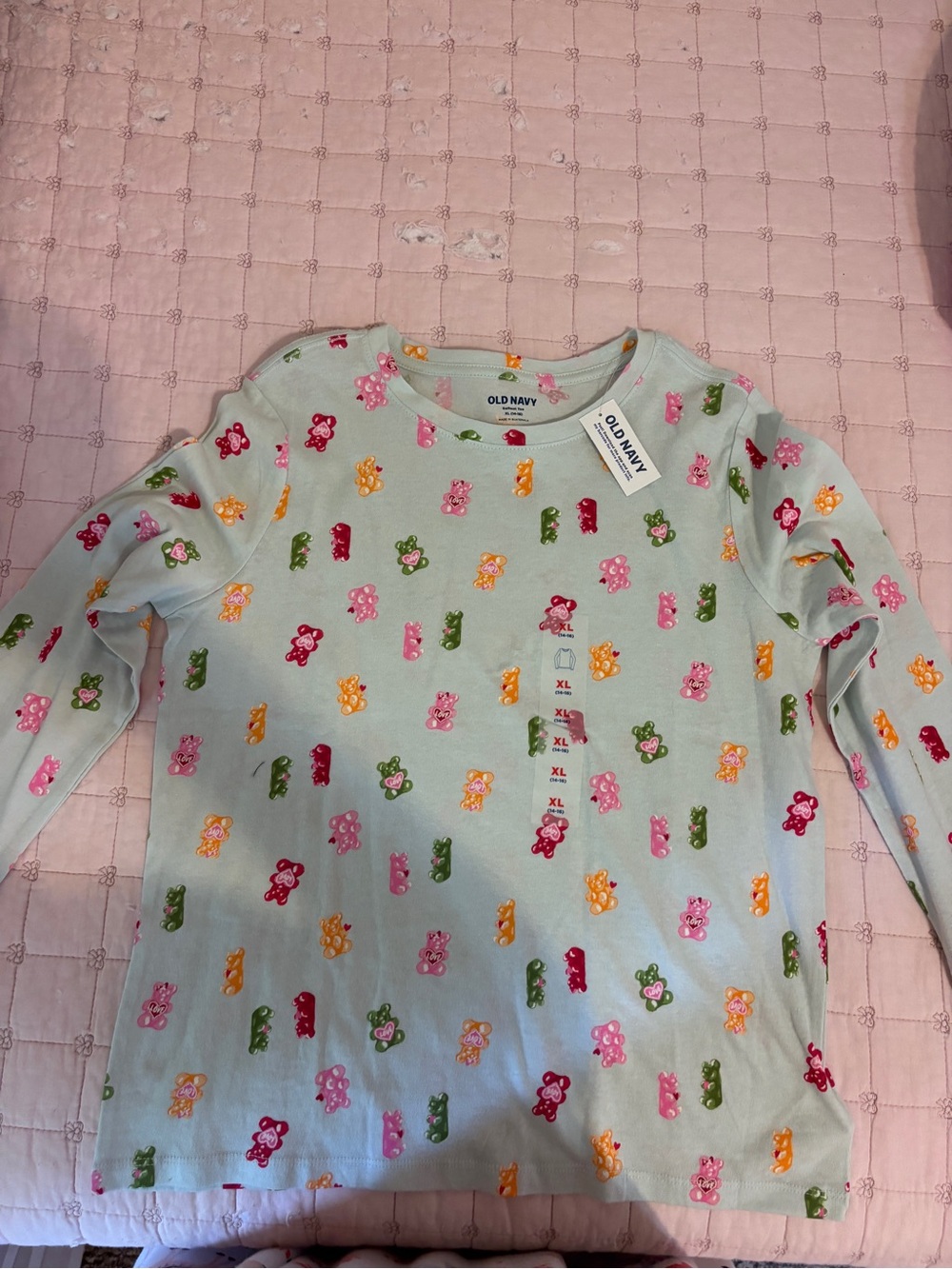 Old Navy Mint Green Long-Sleeve Tee with Colorful Gummy Bear Print